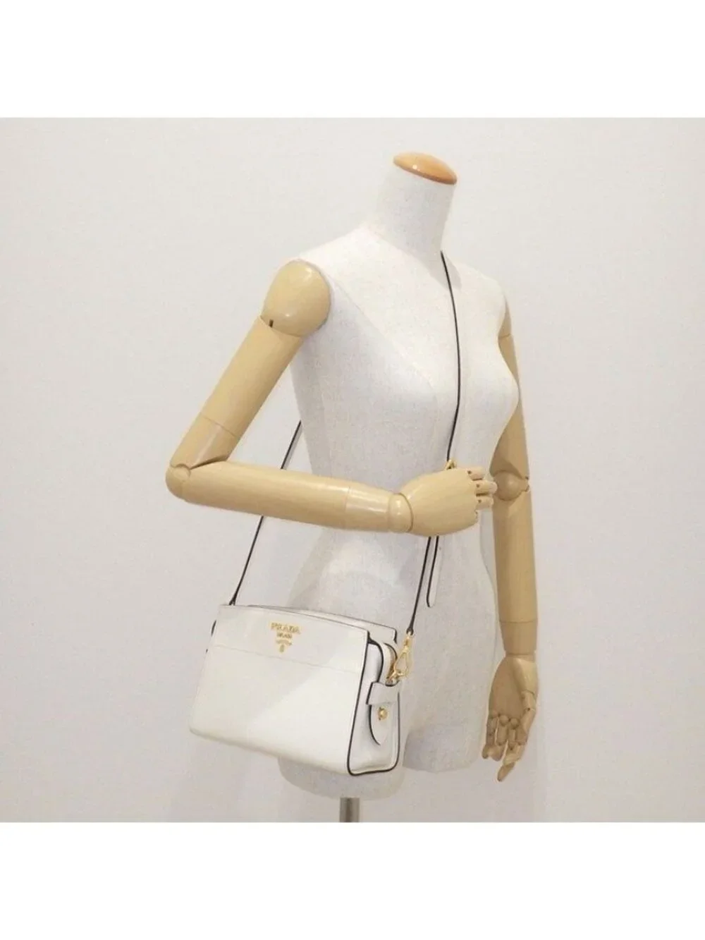 Prada Shoulder Bag Bandoliera Square Cross White Saffiano Leather Gold
